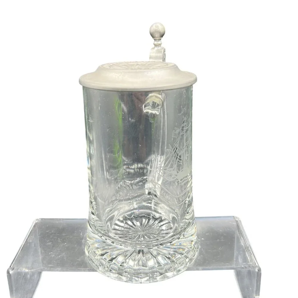 Vintage Old Spice Glass Beer Stein Pewter Lid Etched Sailboat By ALWE W-Germany